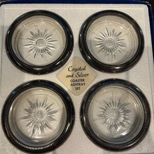 Leonard Crystal and Silver Coaster Ashtray Set of 4